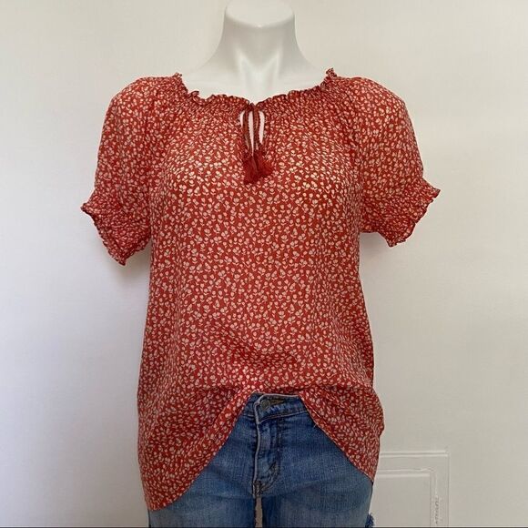 Joie Off Shoulder Smocked Silk Floral Print Top - Picture 6 of 6